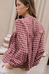Thumbnail for Coral Country Plaid Long Sleeve Button Keyhole Pleated Loose Blouse
