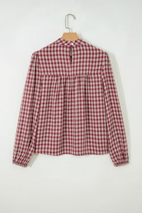 Thumbnail for Coral Country Plaid Long Sleeve Button Keyhole Pleated Loose Blouse