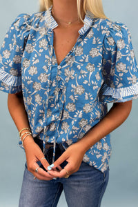 Thumbnail for Blue Floral Print Button Tie Neck Striped Detail Short Sleeve Blouse