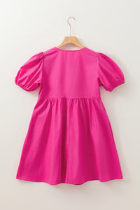 Thumbnail for Bright Pink Solid Color Puff Sleeve Tie Front High Waist Mini Dress
