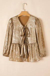 Thumbnail for Gold Bow Tie Front Puff 3/4 Sleeve Ruffle Hem Blouse