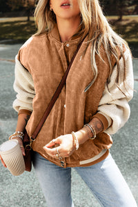Thumbnail for Buckskin Corduroy Fleece Patchwork Buttoned Bomber Jacket