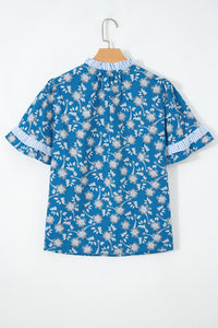 Thumbnail for Blue Floral Print Button Tie Neck Striped Detail Short Sleeve Blouse