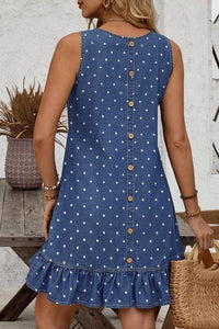 Thumbnail for Blue Polka Dot Ruffle Hem Sleeveless Denim Mini Dress