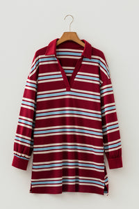 Thumbnail for Red Stripe Retro Polo Collar Long Sleeve T Shirt Shift Mini Dress