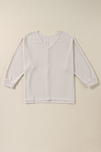 Thumbnail for White Waffle Knit Side Slits Loose Fit V Neck Top