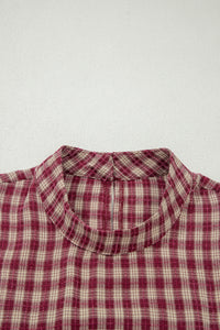 Thumbnail for Coral Country Plaid Long Sleeve Button Keyhole Pleated Loose Blouse