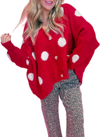 Thumbnail for Red Polka Dot Button Front Oversized V Neck Cardigan