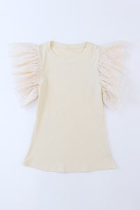Thumbnail for Apricot Dotty Mesh Ruffle Sleeve Ribbed Knit Top