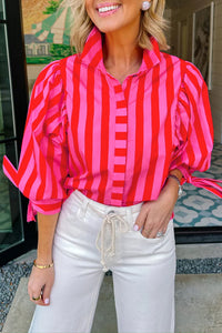 Thumbnail for Red Stripe Tie Puff Sleeve Womens Button Down Shirt