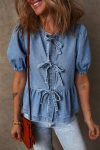 Thumbnail for Dusk Blue Tied Front Bubble Sleeve Peplum Denim Shirt