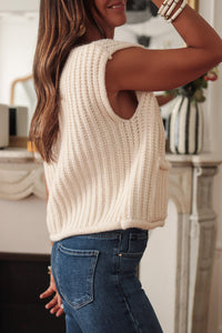 Thumbnail for White Solid Textured Knit Side Pockets Buttoned Sweater Vest