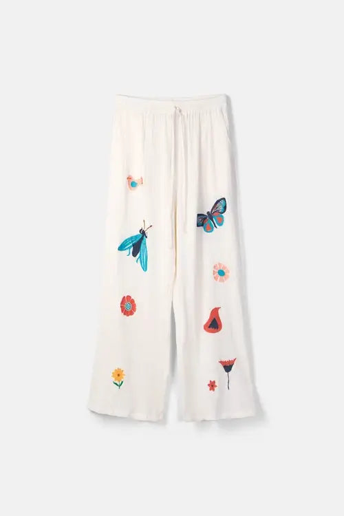 Edwina Embroidered Pants - White Garden