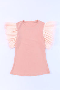 Thumbnail for Pink Dotty Mesh Ruffle Sleeve Ribbed Knit Top