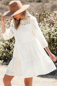 Thumbnail for White Floral Lace Patchwork Bracelet Sleeve Tiered Mini Dress