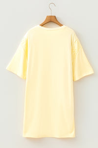 Thumbnail for Yellow Cream Eyelet Embroidered Lace Splicing Sleeve Loose T Shirt Dress