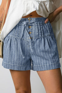 Thumbnail for Sky Blue Stripe Drawstring Button Pleated High Waist Denim Shorts