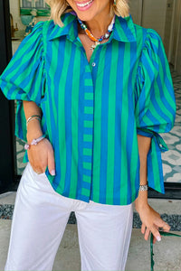 Thumbnail for Blue Stripe Tie Puff Sleeve Womens Button Down Shirt