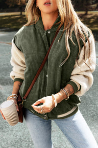 Thumbnail for Mist Green Corduroy Fleece Patchwork Buttoned Bomber Jacket