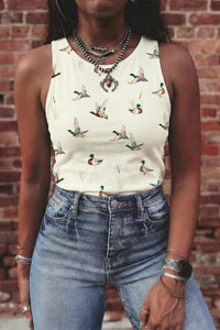 Thumbnail for Beige Mallard Print Western Style Tank Top