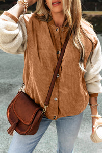 Thumbnail for Buckskin Corduroy Fleece Patchwork Buttoned Bomber Jacket