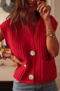 Thumbnail for Fiery Red Solid Textured Knit Side Pockets Buttoned Sweater Vest