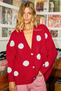 Thumbnail for Red Polka Dot Button Front Oversized V Neck Cardigan
