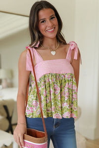 Thumbnail for Green Floral Printed Knot Straps Babydoll Tank Top