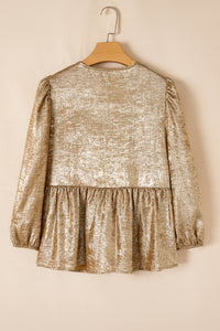 Thumbnail for Gold Bow Tie Front Puff 3/4 Sleeve Ruffle Hem Blouse