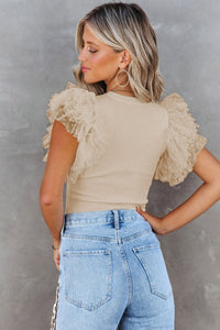 Thumbnail for Apricot Dotty Mesh Ruffle Sleeve Ribbed Knit Top