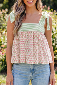 Thumbnail for Pink Floral Printed Knot Straps Babydoll Tank Top