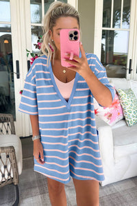 Thumbnail for Sky Blue Stripe V Neck Short Sleeve Double Wear Loose Romper