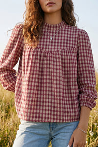 Thumbnail for Coral Country Plaid Long Sleeve Button Keyhole Pleated Loose Blouse