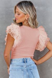 Thumbnail for Pink Dotty Mesh Ruffle Sleeve Ribbed Knit Top