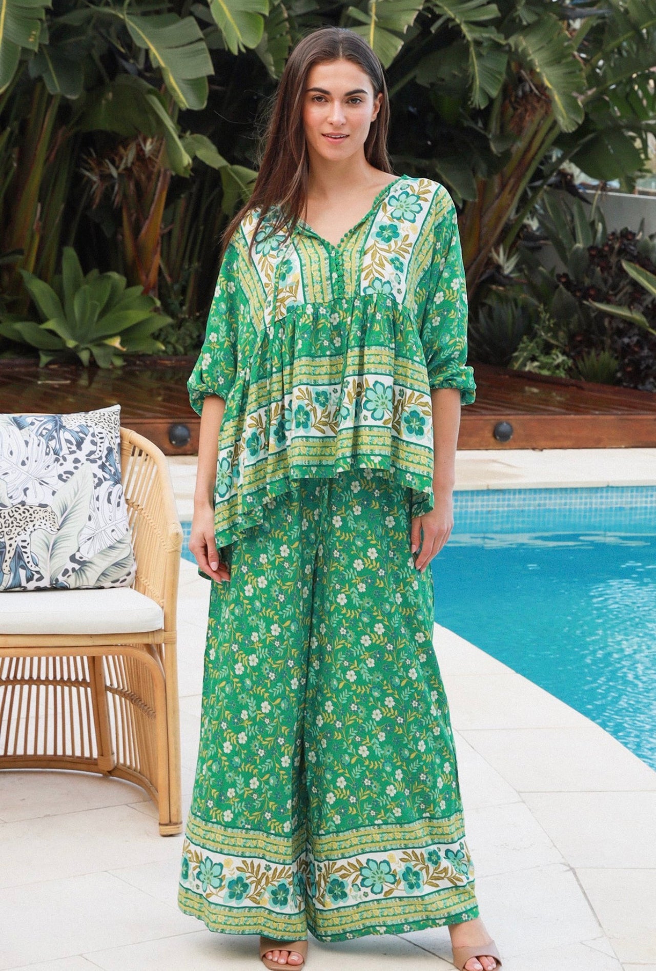 Eadie Wide Leg Pants - Green Boho