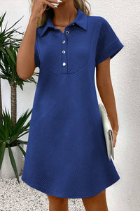 Thumbnail for Sky Blue Solid Color Textured Short Sleeve A Line Mini Dress