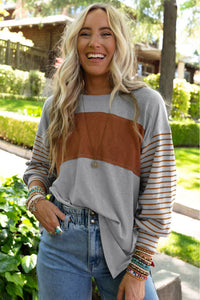 Thumbnail for Gray Colorblock Striped Bishop Sleeve Top