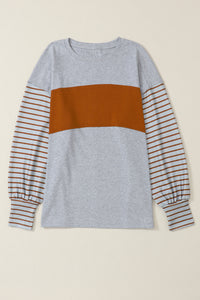 Thumbnail for Gray Colorblock Striped Bishop Sleeve Top