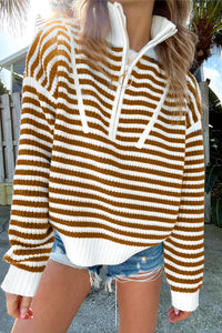 Thumbnail for Khaki Stripe Zip up Collar Drop Shoulder Sweater