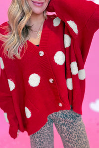 Thumbnail for Red Polka Dot Button Front Oversized V Neck Cardigan