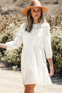 Thumbnail for White Floral Lace Patchwork Bracelet Sleeve Tiered Mini Dress