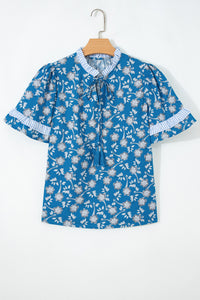 Thumbnail for Blue Floral Print Button Tie Neck Striped Detail Short Sleeve Blouse