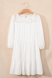 Thumbnail for White Floral Lace Patchwork Bracelet Sleeve Tiered Mini Dress