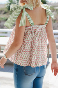 Thumbnail for Pink Floral Printed Knot Straps Babydoll Tank Top
