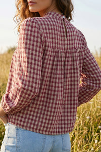 Thumbnail for Coral Country Plaid Long Sleeve Button Keyhole Pleated Loose Blouse