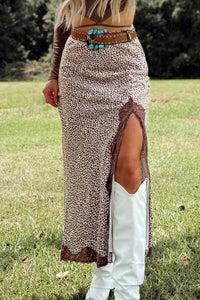 Thumbnail for Brown Cheetah Print Trim Split Long Western Skirt