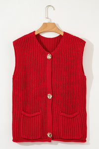 Thumbnail for Fiery Red Solid Textured Knit Side Pockets Buttoned Sweater Vest
