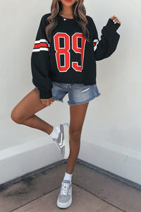 Thumbnail for Black Varsity Spirit Striped 89 Graphic Casual Sweatshirt