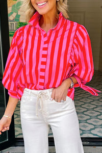 Thumbnail for Red Stripe Tie Puff Sleeve Womens Button Down Shirt