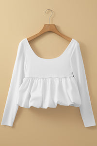 Thumbnail for White U Neck Long Sleeve Bubble Hem Top